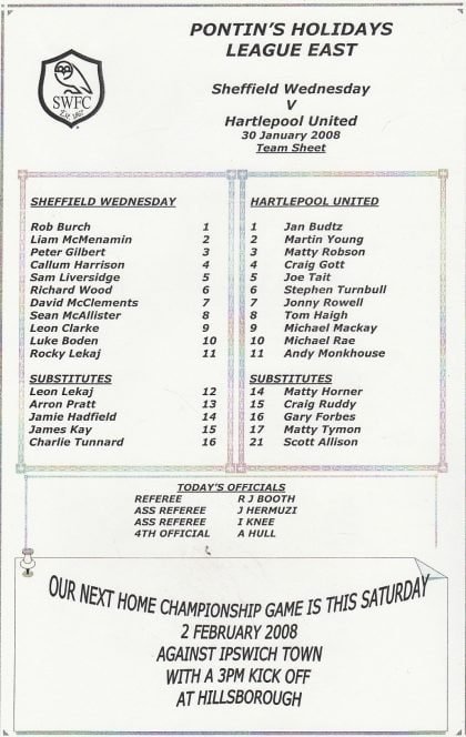 Sheffield Wednesday Reserves v Hartlepool United Reserves 30-Jan-2008