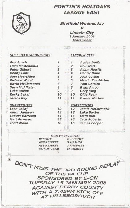 Sheffield Wednesday Reserves v Lincoln City Reserves 08-Jan-2008