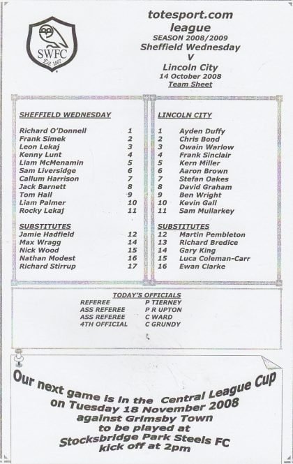 Sheffield Wednesday Reserves v Lincoln City Reserves 14-Oct-2008