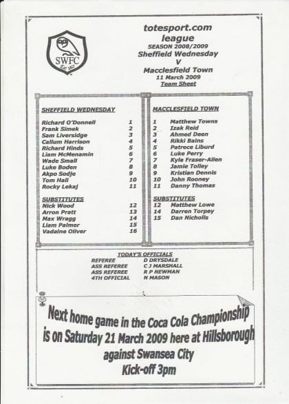 Sheffield Wednesday Reserves v Macclesfield Town Reserves 11-Mar-2009