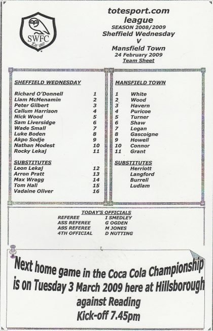 Sheffield Wednesday Reserves v Mansfield Town Reserves 24-Feb-2009