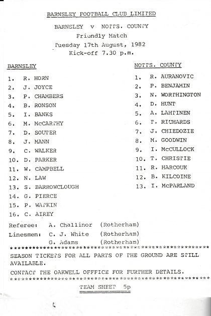 Barnsley v Notts County  17-Aug-1982