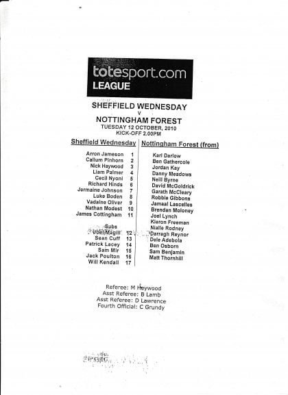 Sheffield Wednesday Reserves v Nottingham Forest Reserves 12-Oct-2010
