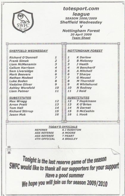 Sheffield Wednesday Reserves v Nottingham Forest Reserves 20-Apr-2009