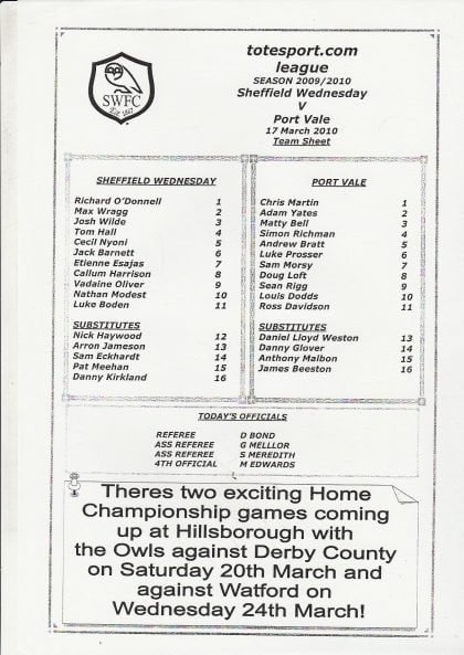Sheffield Wednesday Reserves v Port Vale Reserves  17-Mar-2010