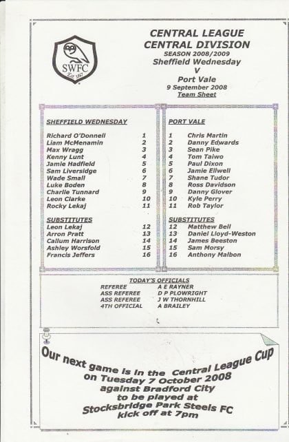 Sheffield Wednesday Reserves v Port Vale Reserves  09-Sep-2008