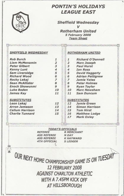 Sheffield Wednesday Reserves v Rotherham United Reserves 05-Feb-2008