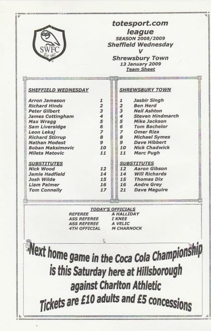 Sheffield Wednesday Reserves v Shrewsbury Town Reserves  13-Jan-2009