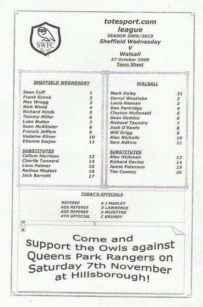 Sheffield Wednesday Reserves v Walsall Reserves  27-Oct-2009
