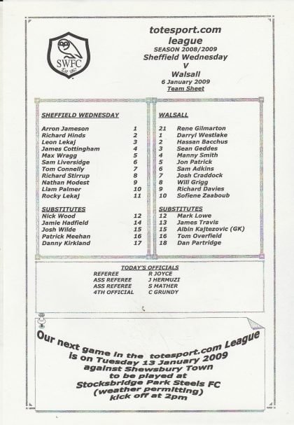 Sheffield Wednesday Reserves v Walsall Reserves  06-Jan-2009