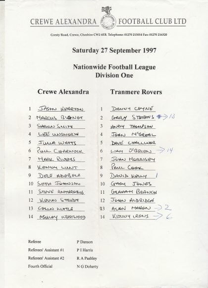 Crewe Alexandra v Tranmere Rovers 27-Sep-1997