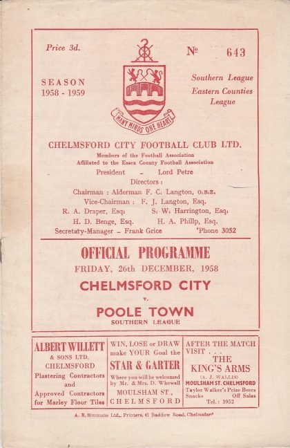 Chelmsford City v Poole Town 26-Dec-1958