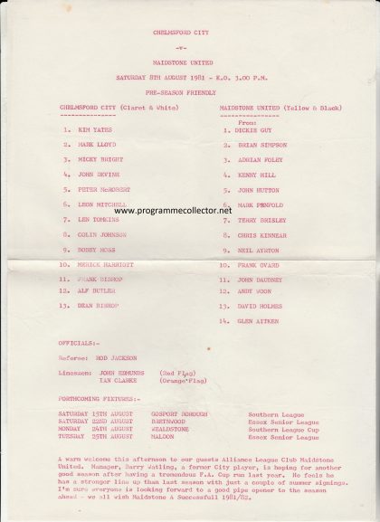 Chelmsford City v Maidstone United  08-Aug-1981