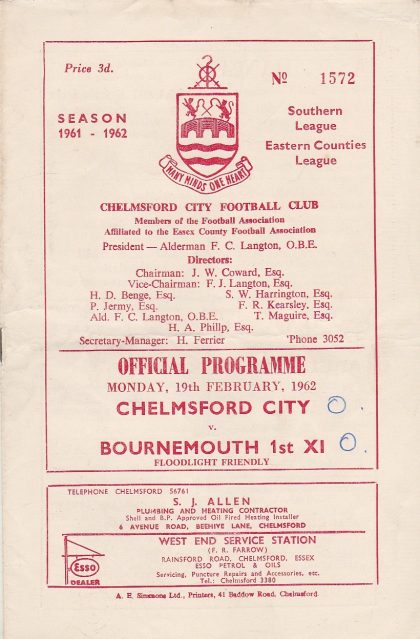 Chelmsford City v Bournemouth  & Boscombe Athletic   19-Feb-1962