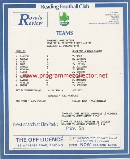 Reading Reserves v Brighton and Hove Albion Reserves 11-Oct-1986
