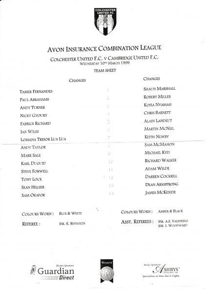 Colchester United Reserves v Cambridge United Reserves 10-Mar-1989