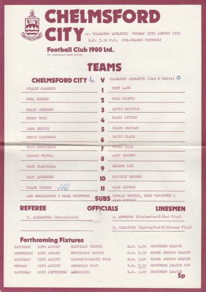 Chelmsford City v Charlton Athletic  15-Aug-1983