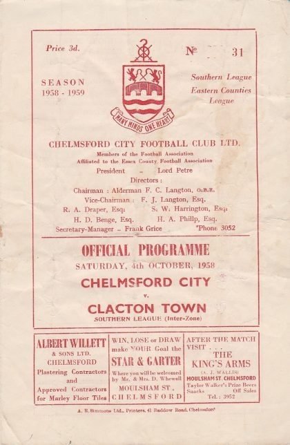 Chelmsford City v Clacton Town 04-Oct-1958