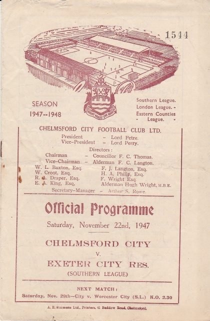 Chelmsford City v Exeter City Reserves  22-Nov-1947