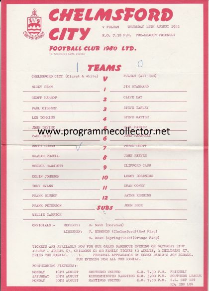 Chelmsford City v Fulham 12-Aug-1982