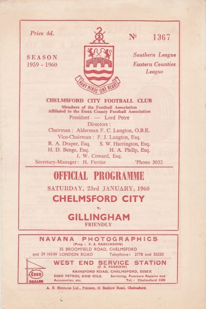 Chelmsford City v Gillingham   23-Jan-1960