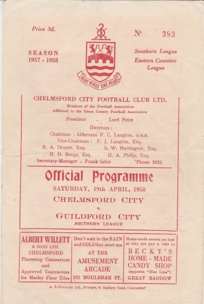 Chelmsford City v Guildford City 19-Apr-1958