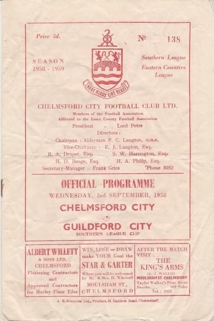 Chelmsford City v Guildford City 03-Sep-1958