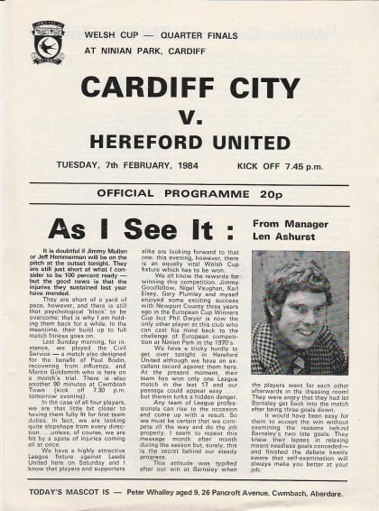 Cardiff City v Hereford United 07-Feb-1984