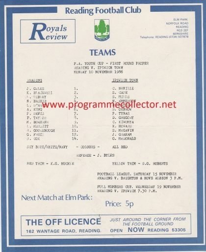 Reading Youth v Ipswich Town Youth  10-Nov1986