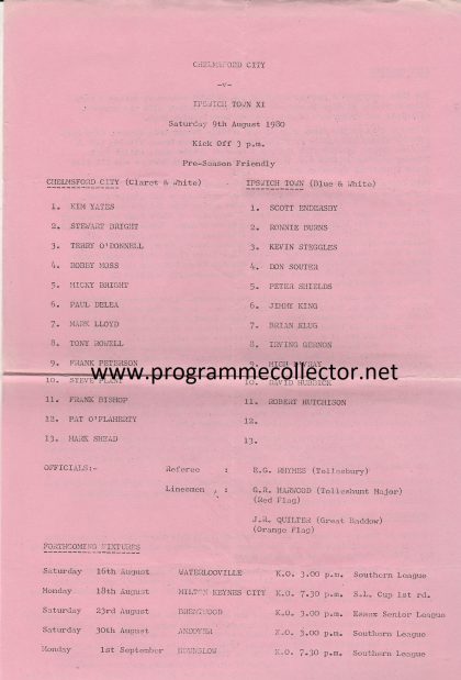 Chelmsford City v Ipswich Town XI  09-Aug-1980