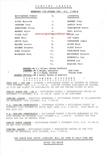 Nottingham Forest Reserves  v Liverpool Reserves  11-Oct-1995