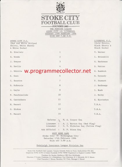 Stoke City Reserves  v Liverpool Reserves  13-Feb-1996