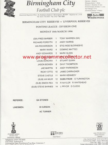 Birmingham City Reserves  v Liverpool Reserves  18-Mar-1996