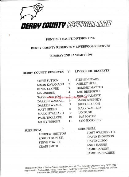 Derby County Reserves  v Liverpool Reserves  02-Jan-1996
