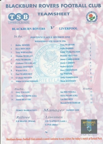 Blackburn Rovers Reserves  v Liverpool Reserves  06-Mar-1996