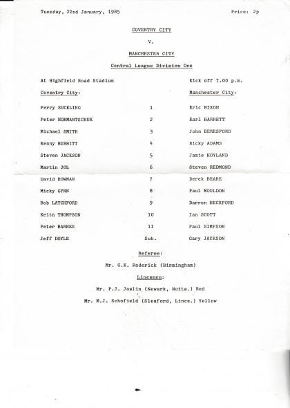 Coventry City Reserves v Manchester City Reserves  22-Jan-1985