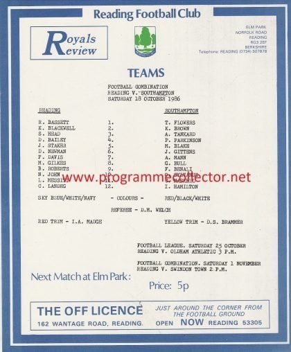 Reading Reserves v Southampton Reserves 18-Oct-1986