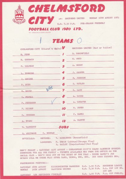 Chelmsford City v Southend United 16-Aug-1982