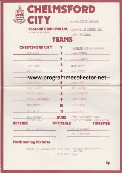 Chelmsford City v Tottenham Hotspur Reserves 15-Oct-1988