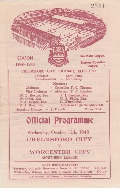 Chelmsford City v Worcester City 12-Oct-1949