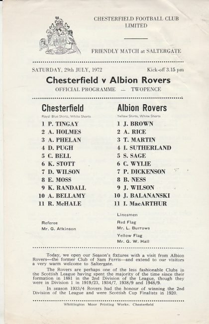 Chesterfield v Albion Rovers 29-Jul-1972