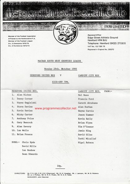 Hereford United Reserves v Cardiff City Reserves 28-Oct-1985