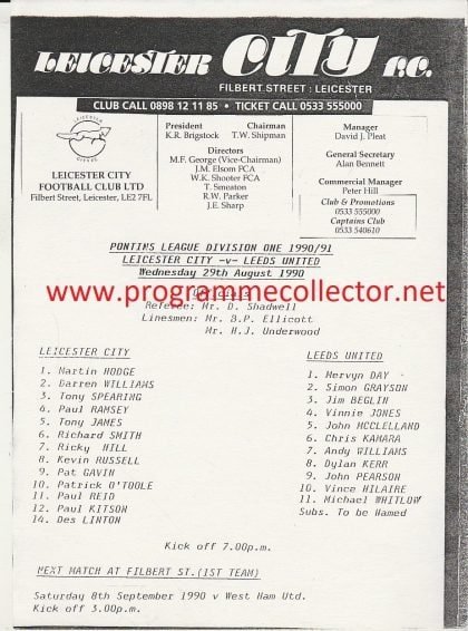 Leicester City Reserves v Leeds United Reserves   29-Aug-1990