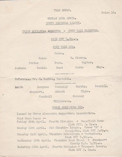 Crewe Alexandra Reserves v Port Vale Reserves 16-Apr-1962
