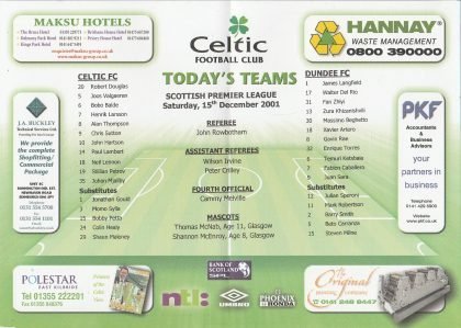 Glasgow Celtic v Dundee 15-Dec-2001