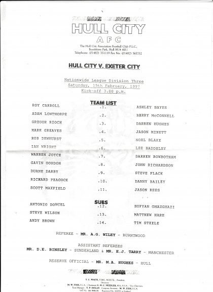 Hull City v Exeter City 15-Feb-1997