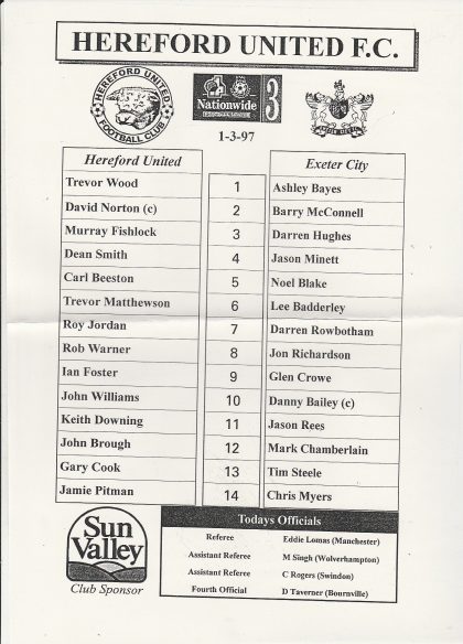 Hereford United v Exeter City 01-Mar-1997