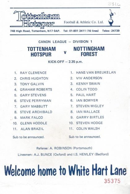 Tottenham Hotspur v Nottingham Forest 02-Oct-1983
