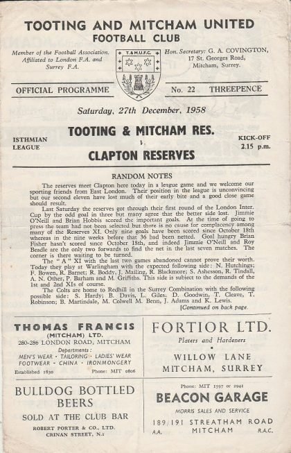 Tooting & Mitcham United Reserves v Clapham Reserves  27-Dec-1958