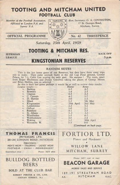 Tooting & Mitcham United Reserves v Kingstonian Reserves 25-Apr-1959